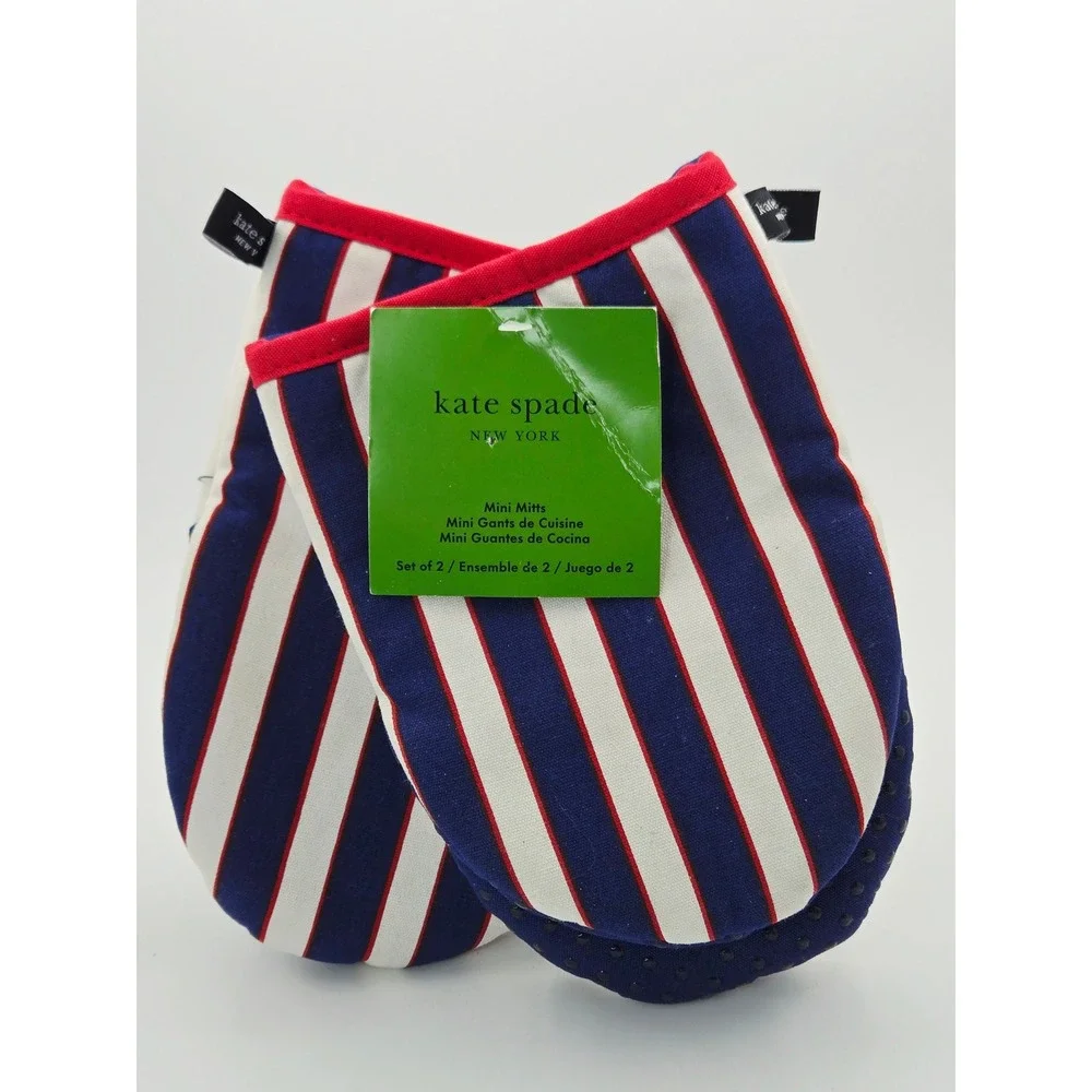 Kate Spade New York Mini Oven Mitts Set‎ of 2 Navy Blue White Red Striped